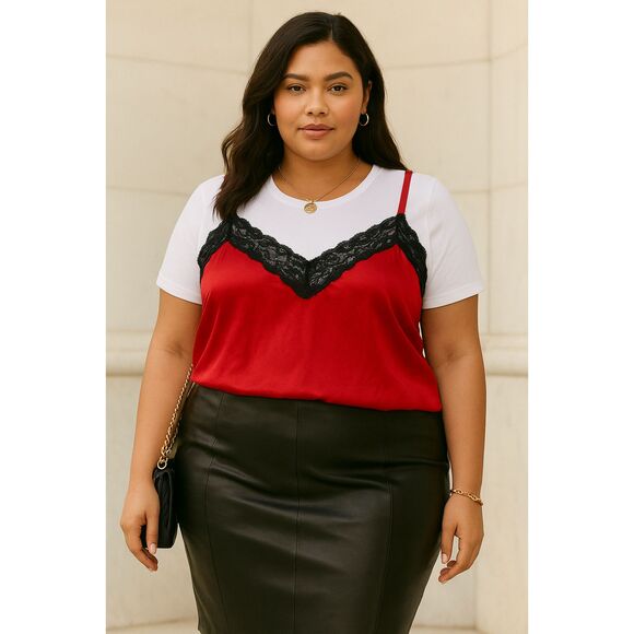 Satin Red and Black Lace Trim Camisole Sz 3X Sexy Pop of Red Y2K - Picture 1 of 8